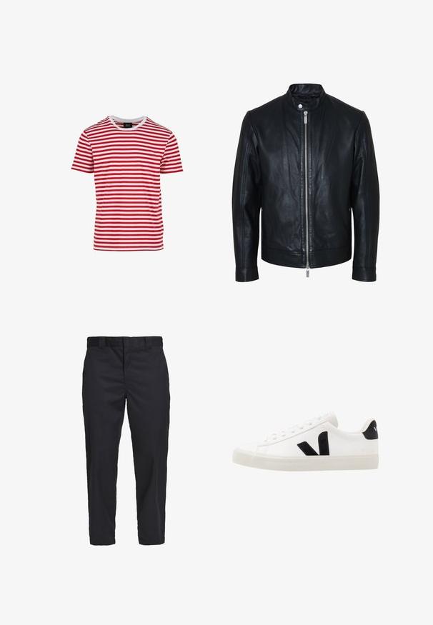 Schwarze Lederjacke mit zentralem silbernem Reißverschluss und Druckknopfkragen, langen Ärmeln und glatter Textur, vorne auf weißem Hintergrund dargestellt.; Rot-weiß gestreiftes Kurzarm-T-Shirt mit Rundhalsausschnitt, aus einem Stoff mit glatter Textur gefertigt. Es hat gleichmäßige horizontale Streifen.; Schwarze Chinos aus leichtem Baumwollstoff, mit geradem Schnitt, seitlichen Taschen und einem Knopfverschluss am Bund.; Weiße Leder-Sneaker mit schwarzen Wildlederelementen; verfügen über eine Gummisohle, eine runde Spitze und ein klassisches Schnürdesign. Seitliches Logo in Schwarz.