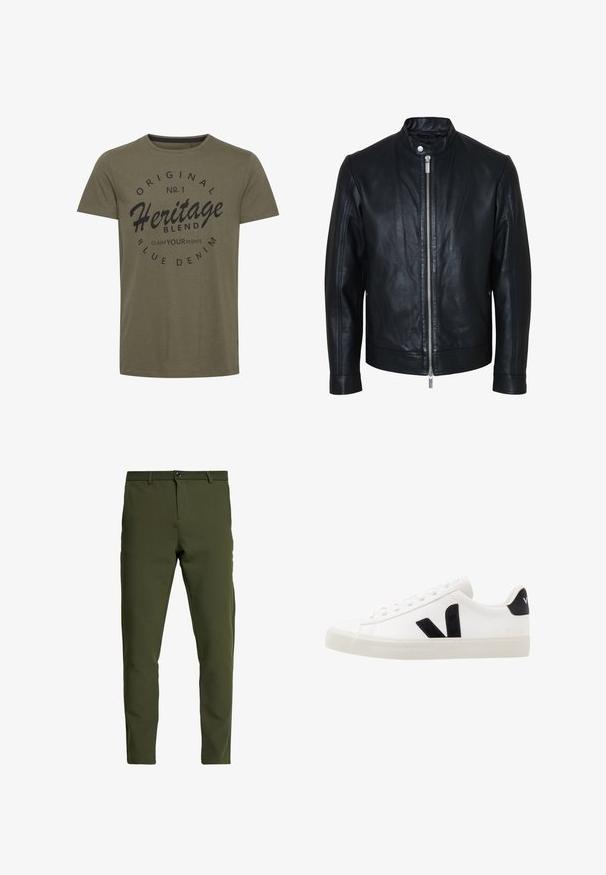 Chaqueta de cuero negra con cremallera plateada central y cuello con botones de presión, mangas largas y textura lisa, mostrada de frente sobre fondo blanco.; Camiseta de algodón verde oliva con cuello redondo, que presenta texto impreso en negro: "Original No. 1 Heritage Blend Claim Your Rights" en un diseño circular.; Pantalones verde oliva con corte ajustado, hechos de una tela suave y duradera. Presentan una bragueta con cremallera, cierre de botón y bolsillos estándar.; Zapatilla de cuero blanca con acentos de ante negro; presenta una suela de goma, puntera redonda y un diseño clásico de cordones. Logo lateral en negro.