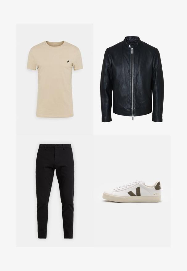 Sort læderjakke med central sølv lynlås og knapkrave, lange ærmer og glat tekstur, vist forfra på hvid baggrund.; Beige kortærmet T-shirt lavet af blødt stof, med rund halsudskæring og et lille sort fugle-logo på venstre brystområde.; Sorte bomuldsbukser med slim fit. Har knappelukning, bæltestropper og sidelommer. Glat tekstur uden synlige mønstre.; Hvide læder sneakers med en lys beige gummisål. Har en brun ruskinds V-logo og hælflap. Snørret lukning med en struktureret overflade.