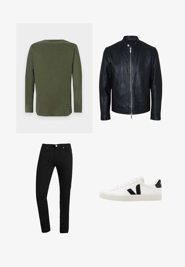 Chaqueta de cuero negra con cremallera plateada central y cuello con botones de presión, mangas largas y textura lisa, mostrada de frente sobre fondo blanco.; Camiseta de manga larga, de color verde oliva y cuello redondo, con una pequeña etiqueta negra cerca del dobladillo inferior, sobre un fondo blanco liso.; Vaqueros negros ajustados con bolsillos frontales, trabillas, cierre de botón y costuras visibles sobre un fondo blanco.; Zapatilla de cuero blanca con acentos de ante negro; presenta una suela de goma, puntera redonda y un diseño clásico de cordones. Logo lateral en negro.