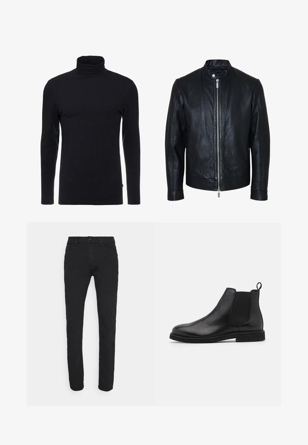 Chaqueta de cuero negra con cremallera plateada central y cuello con botones de presión, mangas largas y textura lisa, mostrada de frente sobre fondo blanco.; Camisa de cuello alto negra de manga larga, hecha de una tela suave y elástica. Presenta un diseño ajustado y una textura lisa. Sin patrones ni acentos visibles.; Jeans negros de corte ajustado, confeccionados en una mezcla de algodón. Presentan un cierre frontal con botón, un diseño de cinco bolsillos y una textura suave.; Botas Chelsea de cuero negro con paneles laterales elásticos y una lengüeta. Punta redonda y suela de goma plana, con un acabado suave.
