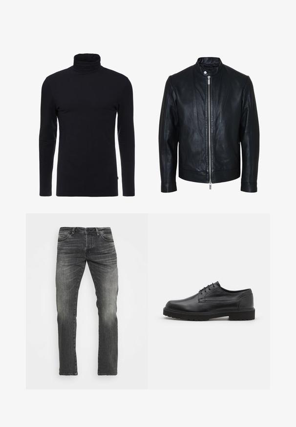 Chaqueta de cuero negra con cremallera plateada central y cuello con botones de presión, mangas largas y textura lisa, mostrada de frente sobre fondo blanco.; Camisa de cuello alto negra de manga larga, hecha de una tela suave y elástica. Presenta un diseño ajustado y una textura lisa. Sin patrones ni acentos visibles.; LTB RODEN - Vaqueros rectos - castlerock wash; Zapato de cuero negro con punta redondeada, acabado liso y costuras mínimas. Presenta un cierre con cordones y una suela de goma gruesa y texturizada.