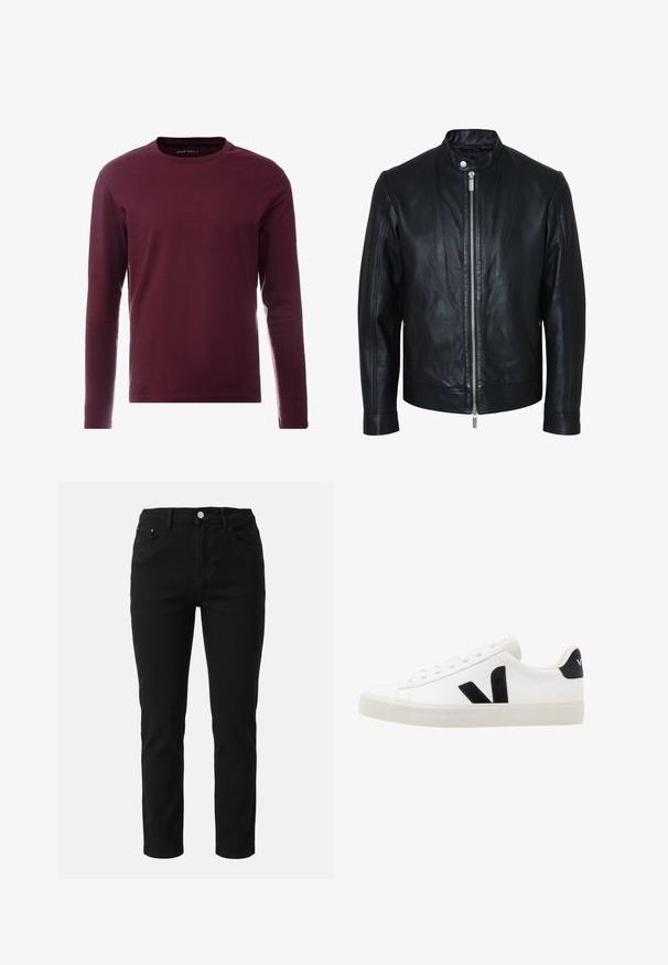 Black leather jacket with central silver zipper and snap button collar, long sleeves, and smooth texture, shown front-facing on white background.; Long-sleeve t-shirt in deep burgundy cotton, crew neck design, smooth texture, and no visible patterns or accents.; Black straight-leg jeans with a button and zipper closure, front and back pockets, and belt loops on a plain background.; White leather sneaker with black suede accents; features a rubber sole, round toe, and classic lace-up design. Side logo in black.
