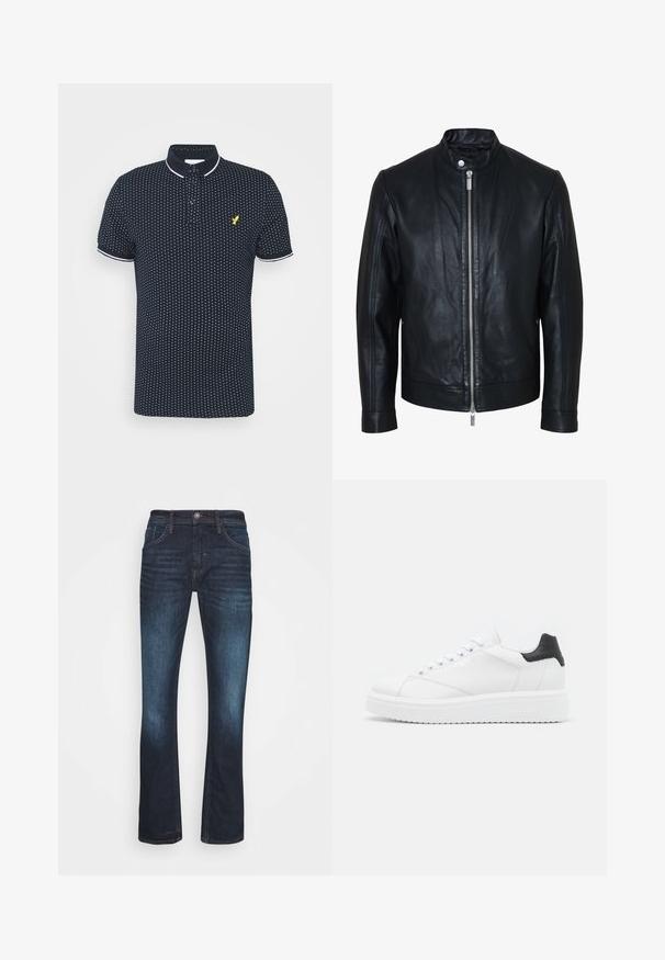 Chaqueta de cuero negra con cremallera plateada central y cuello con botones de presión, mangas largas y textura lisa, mostrada de frente sobre fondo blanco.; Polo navy con un pequeño patrón de puntos blancos, mangas cortas, acentos blancos en el cuello y los puños, y un logo amarillo en el pecho.; Jeans rectos de denim de color azul oscuro, con bolsillos frontales, cierre de botón y desvanecimiento en los muslos para un aspecto desgastado.; Zapatilla de cuero blanca con un talón negro, cordones planos, entresuela texturizada y logotipo en el lado exterior. Diseñada para uso casual.