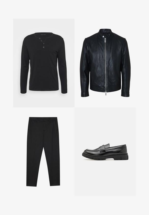 Chaqueta de cuero negra con cremallera plateada central y cuello con botones de presión, mangas largas y textura lisa, mostrada de frente sobre fondo blanco.; Camisa henley negra de manga larga, hecha de un tejido suave, con una placket de botones, cuello redondo y mangas ajustadas.; Pier One by Zalando PUNTO TAILORED PANTS - Pantalones chinos - black; Mocasin de cuero negro con una cinta ancha en el empeine, suela de goma con tacos gruesos y textura suave. Diseño clásico y elegante.