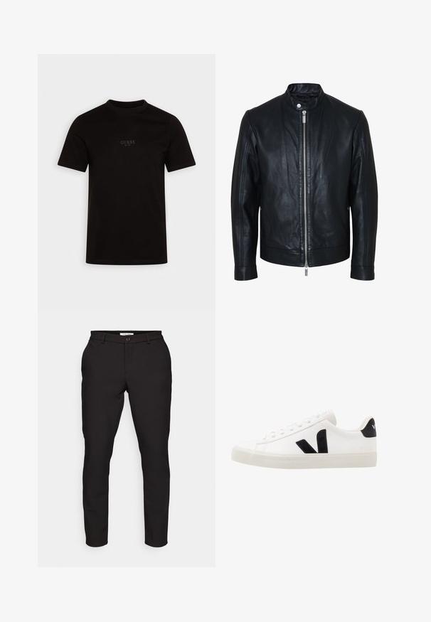Schwarze Lederjacke mit zentralem silbernem Reißverschluss und Druckknopfkragen, langen Ärmeln und glatter Textur, vorne auf weißem Hintergrund dargestellt.; Schwarzes T-Shirt mit kurzen Ärmeln aus Baumwolle, mit Rundhalsausschnitt und einem dezenten Frontlogo auf der Brust, das "GUESS EST. 1981" zeigt.; Schwarze maßgeschneiderte Hose mit slim Fit. Mit Reißverschluss, Knopfverschluss, Seitentaschen und glattem, leichtem Stoff.; Weiße Leder-Sneaker mit schwarzen Wildlederelementen; verfügen über eine Gummisohle, eine runde Spitze und ein klassisches Schnürdesign. Seitliches Logo in Schwarz.
