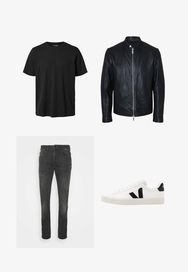 Chaqueta de cuero negra con cremallera plateada central y cuello con botones de presión, mangas largas y textura lisa, mostrada de frente sobre fondo blanco.; Camiseta negra lisa de manga corta con cuello redondo, ajuste regular y sin diseño o marca visible en el frente.; Jeans de mezclilla negra con corte ajustado, diseño de cinco bolsillos, costuras visibles y un sutil patrón descolorido. Cuenta con un cierre de botón y lazos para el cinturón.; Zapatilla de cuero blanca con acentos de ante negro; presenta una suela de goma, puntera redonda y un diseño clásico de cordones. Logo lateral en negro.
