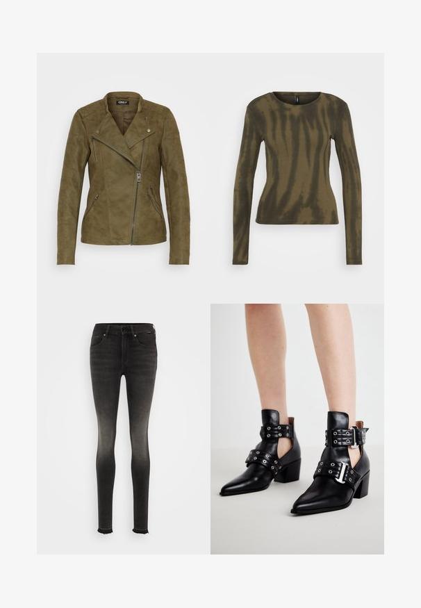 ONLY Tall ONLAVA BIKER - Imitatieleren jas - kalamata; ONLY ONLLAILA TIE DYE - Longsleeve - black/kalamata; Zwarte skinny jeans van stretchdenim met een vervaagd uiterlijk. Beschikt over een standaard tailleband, vijf zakken en een rafelige zoom.; Zwarte leren enkellaarzen met spitse neuzen, voorzien van oogjeshardware en twee verstelbare gespbanden. Blokhakken zorgen voor stabiliteit.