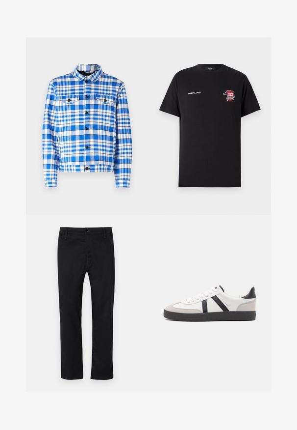 Modrá a biela károvaná košeľa s golierom, s dvoma prednými vreckami, čiernymi gombíkmi a mäkkou textúrou látky.; Replay SHORT SLEEVE GRAPHIC - Tričko s potlačou - black; Čierne nohavice vyrobené z hladkej tkaniny, s plochým predným dielom, štandardným pásom s pútkami na opasok a rovnými nohami. Klasický dizajn bez vzorov.; Biele tenisky s čiernymi a šedými akcentmi, s textúrovanou šedou špičkou, čiernou gumovou podrážkou a plochými bielymi šnúrkami. Čistý dizajn, minimalistický štýl.
