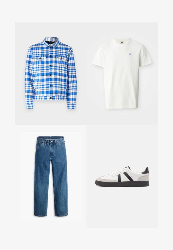 Modrá a biela károvaná košeľa s golierom, s dvoma prednými vreckami, čiernymi gombíkmi a mäkkou textúrou látky.; Biela bavlnená T-shirt s okrúhlym výstrihom a krátkymi rukávmi. Na ľavej strane hrude sa nachádza malé obdĺžnikové logo Lee v purpurovej a modrej farbe.; Modré džínsové rifle s priamym strihom, prednými vreckami, pútkami na opasok, kovovým gombíkom a zipsom na bielom pozadí.; Biele tenisky s čiernymi a šedými akcentmi, s textúrovanou šedou špičkou, čiernou gumovou podrážkou a plochými bielymi šnúrkami. Čistý dizajn, minimalistický štýl.
