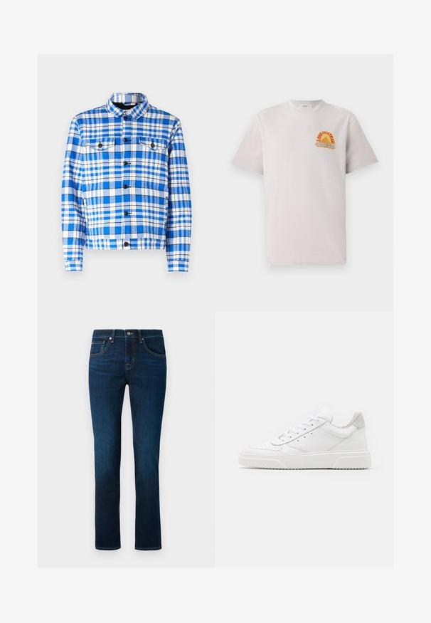 Blå og hvidt ternet skjorte med krave, som har to forlommer, sorte knapper og en blød stoftekstur.; Lysegrå bomulds T-shirt med rund hals, der har et farverigt "Lone Château Replay" grafik i orange og blå på brystet.; Mørkeblå jeans med et lige ben-design, klassisk fem-lomme stil og subtile syninger. Fremstillet af denimstof.; Hvide lædersneakers med en glat finish, rund tå, flade snørebånd og en struktureret sål. Grå ruskindsdetalje ved hælen.