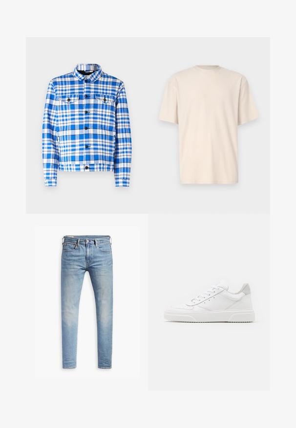 Modrá a biela károvaná košeľa s golierom, s dvoma prednými vreckami, čiernymi gombíkmi a mäkkou textúrou látky.; Only & Sons ONSFRED RELAXED PLIZZE TEE - Základné tričko - moonstruck; Svetlo modré úzke džínsy s miernym prehrdzavením na stehnách, predným gombíkovým zapínaním, pútkami na opasok a štýlom s piatimi vreckami na bielom pozadí.; Biele kožené tenisky s hladkým povrchom, zaoblenou špičkou, plochými šnúrkami a textúrovanou podrážkou. Sivý semišový akcent na päte.