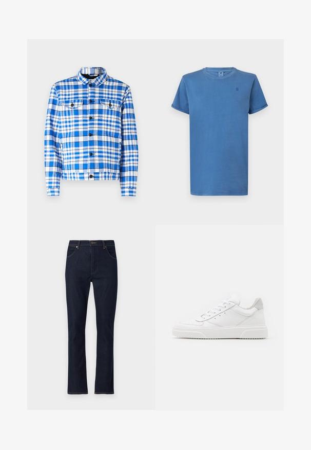 Chemise à carreaux bleue et blanche avec un col, comportant deux poches avant, des boutons noirs et une texture de tissu douce.; T-shirt bleu clair à manches courtes en coton doux, avec un col rond et un petit logo sur la poitrine.; Jean droit en denim bleu foncé avec poches avant, passants de ceinture et fermeture à bouton.; Des baskets en cuir blanc avec une finition lisse, un bout rond, des lacets plats et une semelle texturée. Accents en daim gris au niveau du talon.