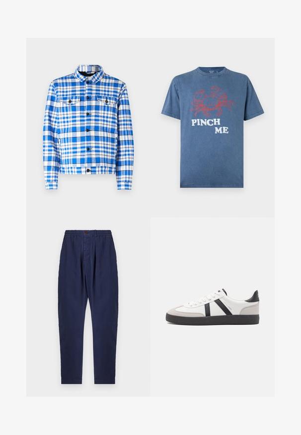 Blå og hvidt ternet skjorte med krave, som har to forlommer, sorte knapper og en blød stoftekstur.; Blå bomulds-T-shirt med en rød krabbe-grafik og teksten "PINCH ME", med en afslappet pasform og rund hals.; Marineblå bukser lavet af tekstureret stof med elastisk talje, knaplukning og to frontfolder for ekstra designfunktion.; Hvide sneakers med sorte og grå detaljer, med en tekstureret grå tåhætte, sort gummisål og flade hvide snørebånd. Rent design, minimalistisk stil.