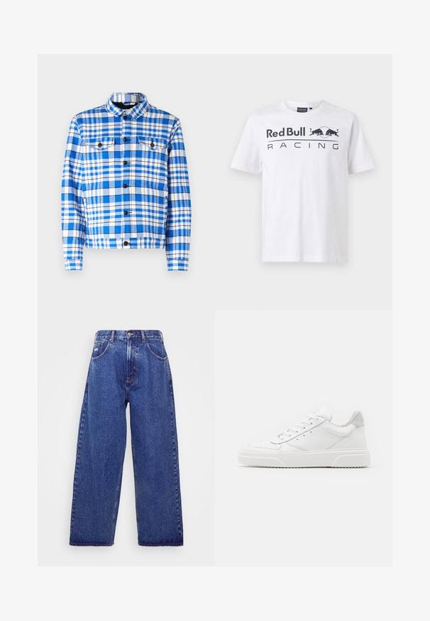 Sinine ja valge ruuduline särk koos krae ja kahe eesmise taskuga, mustade nööpidega ja pehme kangastekstuuri abil.; Red Bull Racing x Pepe Jeans TEAM LOGO - Trükipildiga T-särk - white; Laiad sinised denim püksid kõrge vöökohaga, viie tasku, nupukinnitusega ja õrna pleekimisega tekstuuri jaoks.; Valged nahast spordijalatsid siledast nahast viimistlusega, ümarate varvastega, lamekestega ja tekstuuriga tallaga. Hall suede aktsent kanna juures.