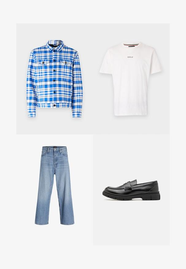 Blauw-wit geruit overhemd met een kraag, voorzien van twee voorzakken, zwarte knopen en een zachte stofstructuur.; Witte katoenen T-shirt met een v-halsontwerp, korte mouwen en een kleine "REPLAY" op de borst gedrukt. Soepele textuur, casual pasvorm.; Lichtblauwe denim wijdvallende jeans met een hoge taille, voorzien van een knoopsluiting, vijf pockets en subtiele vervaging. Schoon afgewerkte zoom.; Zwarte leren instapper met een brede band over de voet, rubberen zool met dikke noppen en een gladde textuur. Klassiek, strak ontwerp.