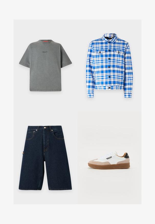 Karoblaues und weißes Hemd mit Kragen, ausgestattet mit zwei vorderen Taschen, schwarzen Knöpfen und einer weichen Stoffstruktur.; Replay Inc. T-Shirt basic - stoned grey; Dunkelblaue Jeansshorts mit lockerem Schnitt, Fünf-Taschen-Design und kontrastierenden orangefarbenen Nähten. Verfügt über einen klassischen Knopf- und Reißverschluss.; Weiße und beige Wildledersneaker mit einer braunen Gummisohle, flachen Schnürsenkeln und einem schwarzen Fersenelement. Mit Logodetail an der Seite.