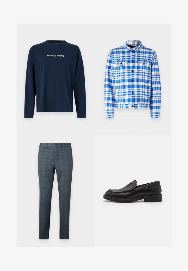 Blauw-wit geruit overhemd met een kraag, voorzien van twee voorzakken, zwarte knopen en een zachte stofstructuur.; Marineblauwe lange mouw t-shirt van katoen met een ronde hals en de tekst "RED BULL RACING" in het wit over de borst.; Slim-fit herenkleedbroek in blauwgrijs met een subtiel ruitpatroon, voorste knoop, riemlussen en een vlak ontwerp aan de voorkant.; Zwarte leren loafers met een ronde neus, ton-sur-ton stiksels en een banddetail aan de voorkant. Rubberen zool met een lage hak.