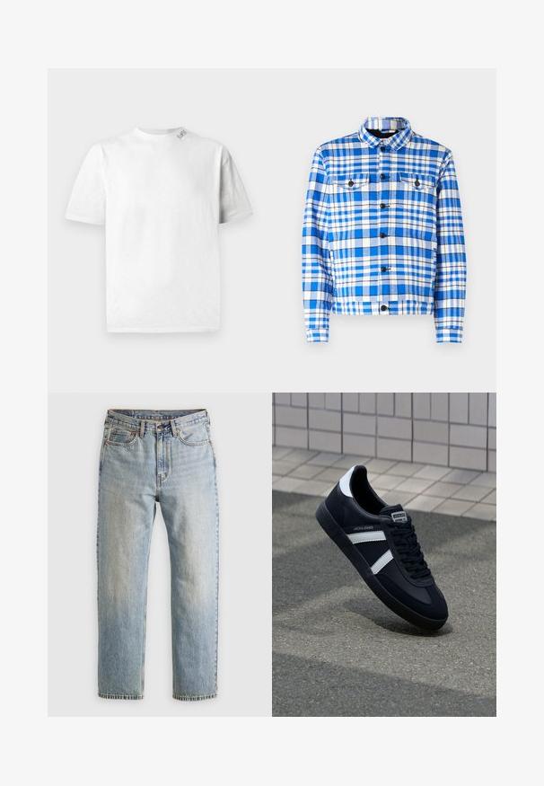 Blauw-wit geruit overhemd met een kraag, voorzien van twee voorzakken, zwarte knopen en een zachte stofstructuur.; Witte T-shirt met korte mouwen en ronde hals, met een subtiele textuur en een klein logodetaillering op de linkerschouder.; Lichtblauwe denim jeans met hoge taille, frontknop, rits en vijfzakkenontwerp, plat gelegd op een neutrale achtergrond.; Zwarte leren sneaker met witte strepen, een gestructureerde rubberen zool en vetersluiting aan de voorkant. Voorzien van een merklabel op de tong.