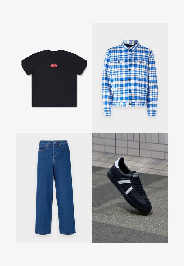 Karoblaues und weißes Hemd mit Kragen, ausgestattet mit zwei vorderen Taschen, schwarzen Knöpfen und einer weichen Stoffstruktur.; Schwarzes Baumwoll-T-Shirt mit entspannter Passform, kurzen Ärmeln und einem roten ovalen Drucklogo auf der Brust. Glatte Textur, gerader Saum.; Weite blaue Jeans aus Denim mit hoher Taille, Fünf-Taschen-Design und Kontrastnähten entlang der Nähte und Taschen.; Schwarze Leder-Sneaker mit weißen Streifen, strukturiertem Gummisohle und Schnürung. Verfügt über ein Markenetikett auf der Zunge.