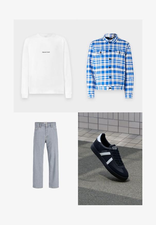 Blå og hvidt ternet skjorte med krave, som har to forlommer, sorte knapper og en blød stoftekstur.; Hvid langærmet T-shirt med et lille sort skriftslogo "Originals Studio" centreret på brystet.; Lysblå denimjeans med en afslappet pasform, lige benudforming, synlige syninger, to forlommer og knaplukning.; Sort lædersneaker med hvide striber, tekstureret gummisål og snørrebånd foran. Har et brandet mærke på tungen.