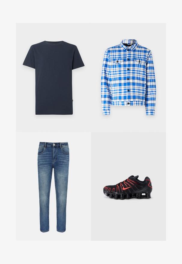 Blå og hvidt ternet skjorte med krave, som har to forlommer, sorte knapper og en blød stoftekstur.; Enkelt mørk navyblå T-shirt med korte ærmer og rund halsudskæring med et lille hvidt SELECTED-mærke inde i kraven.; Blå straight-leg cowboybukser med forreste knap og lynlås, bæltestropper samt for- og baglommer.; Sorte atletiksko med røde detaljer, der har en struktureret mesh-overdel, et unikt bølget design og en formstøbt polstret sål.