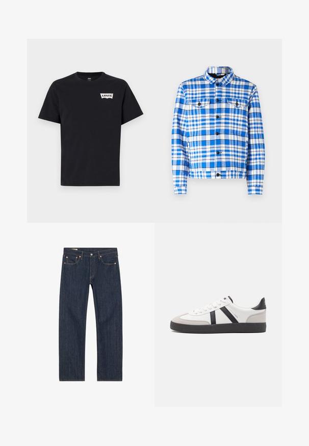 Karoblaues und weißes Hemd mit Kragen, ausgestattet mit zwei vorderen Taschen, schwarzen Knöpfen und einer weichen Stoffstruktur.; Schwarzes Baumwoll-T-Shirt mit kurzen Ärmeln, Rundhalsausschnitt und einem kleinen weißen Levi's-Logo auf der linken Vorderseite.; Dunkelblaue Jeans aus Denim mit geradem Schnitt, versehen mit Kupferrivets, gelben Nähten und frontalen Taschen. Glatte Textur mit minimalen Designdetails.; Weiße Sneaker mit schwarz- und grau-aczenten, ausgestattet mit einer strukturierten grauen Zehenkappe, schwarzer Gummi-Sohle und flachen weißen Schnürsenkeln. Sauberes Design, minimalistische Stil.
