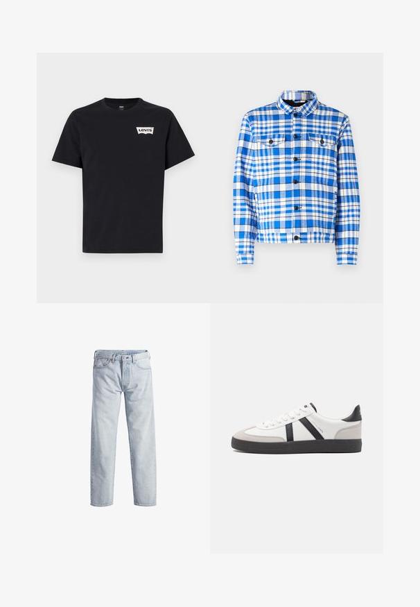 Blauw-wit geruit overhemd met een kraag, voorzien van twee voorzakken, zwarte knopen en een zachte stofstructuur.; Zwarte katoenen T-shirt met korte mouwen, ronde hals en een klein wit Levi's-logo aan de voorkant links.; Lichtblauwe denim jeans met een rechtstaand ontwerp, knopenfly, vijf zakken en een subtiele vervaagde textuur. Voorzien van metalen hardware accenten.; Witte sneaker met zwarte en grijze accenten, voorzien van een grijze neus met textuur, zwarte rubberen zool en platte witte veters. Schoon ontwerp, minimalistische stijl.