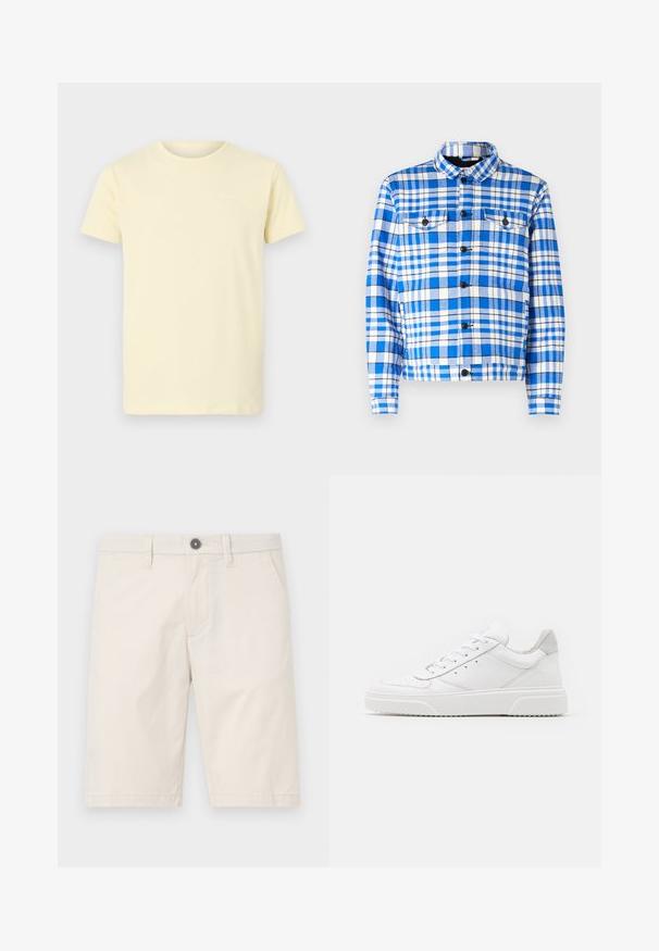 Chemise à carreaux bleue et blanche avec un col, comportant deux poches avant, des boutons noirs et une texture de tissu douce.; T-shirt en coton jaune clair à manches courtes et col rond ; présente un petit logo blanc sur le haut à gauche de la poitrine.; Shorts beige clair en coton, avec une coupe droite, deux poches latérales et un bouton noir à la taille.; Des baskets en cuir blanc avec une finition lisse, un bout rond, des lacets plats et une semelle texturée. Accents en daim gris au niveau du talon.