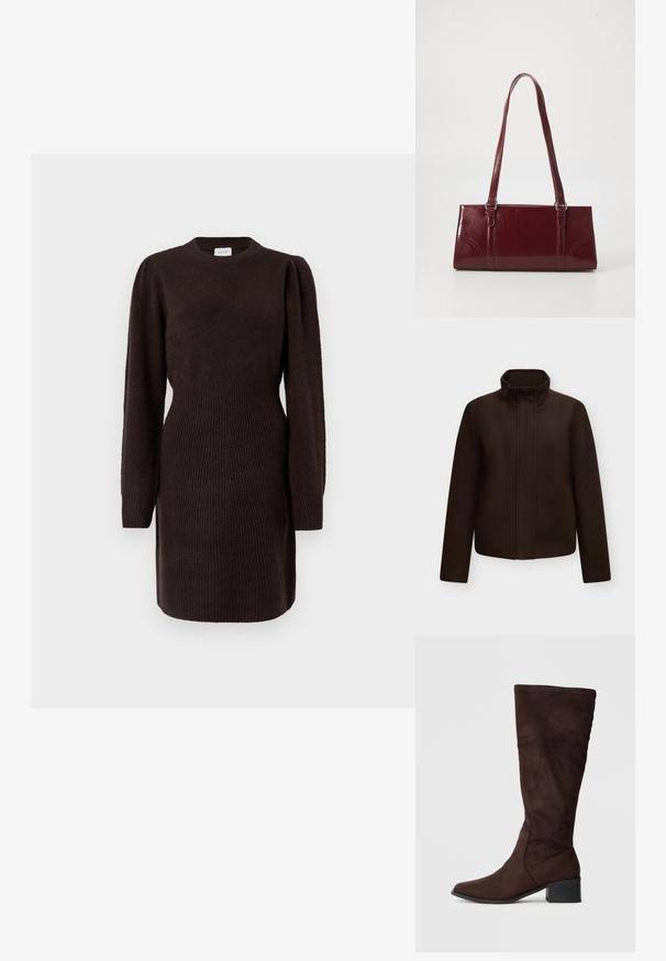 Veste en laine brun foncé à manches longues avec col montant, fermeture avant cachée, présentée sur un fond uni gris clair.; Robe tricotée marron foncé avec un col rond, de longues manches bouffantes et une texture côtelée à la taille et aux poignets. Texture lisse sur le corps.; Bottes en daim marron jusqu'au genou avec un bout pointu et un talon carré. Texture lisse, design ajusté avec des détails de couture minimaux.; Sac à main bordeaux en matériau brillant, de forme rectangulaire, avec deux anses et des accents légèrement courbés à l'avant.