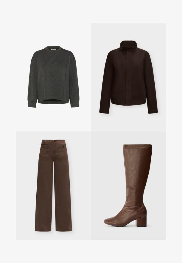 Veste en laine brun foncé à manches longues avec col montant, fermeture avant cachée, présentée sur un fond uni gris clair.; Sweatshirt gris foncé avec un col rond, des manches longues, un design asymétrique et une texture douce. Présente une coupe décontractée et des détails de couture minimalistes.; Pantalon marron taille haute à jambes larges avec deux poches avant à rabat sécurisées par des boutons sur un fond uni.; Bottes en cuir marron, montantes jusqu'au genou, avec un bout pointu et un talon carré. Texture lisse, détail de couture minimal le long du bord supérieur.