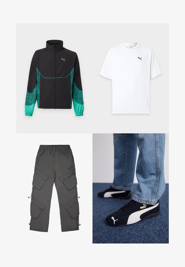 Veste de sport noire et turquoise avec fermeture éclair complète à l'avant, col haut, poignets élastiques et logo Puma sur le côté gauche de la poitrine.; T-shirt blanc à manches courtes col rond avec un petit logo Puma noir sur la poitrine gauche sur un fond clair.; Pantalons cargo en tissu gris foncé avec une taille élastique, plusieurs poches cargo, ourlets avec cordons de serrage et une texture lisse.; Baskets en daim noir avec accents blancs, arborant un logo doré. Portées avec un jean en denim bleu clair et posées sur une surface bleue texturée.