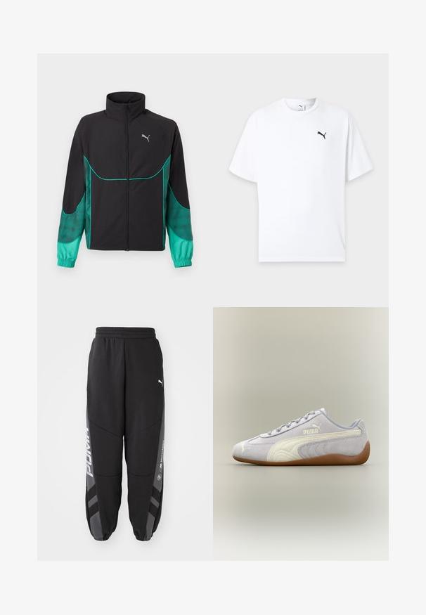 Schwarze und türkise Trainingsjacke mit durchgehendem Frontreißverschluss, hohem Kragen, elastischen Bündchen und Puma-Logo auf der linken Brust.; Weißes T-Shirt mit kurzen Ärmeln und Rundhalsausschnitt mit kleinem schwarzem Puma-Logo auf der linken Brust vor hellem Hintergrund.; Schwarze Jogginghosen aus weichem Material. Mit elastischem Bund, schmal zulaufenden Beinen, grauen Akzenten und weißen Logos an den Seiten.; Hellgrauer Puma Veloursledersneaker mit weißem Streifendetail und Gummisohle, von der Außenseite vor neutralem Hintergrund betrachtet.