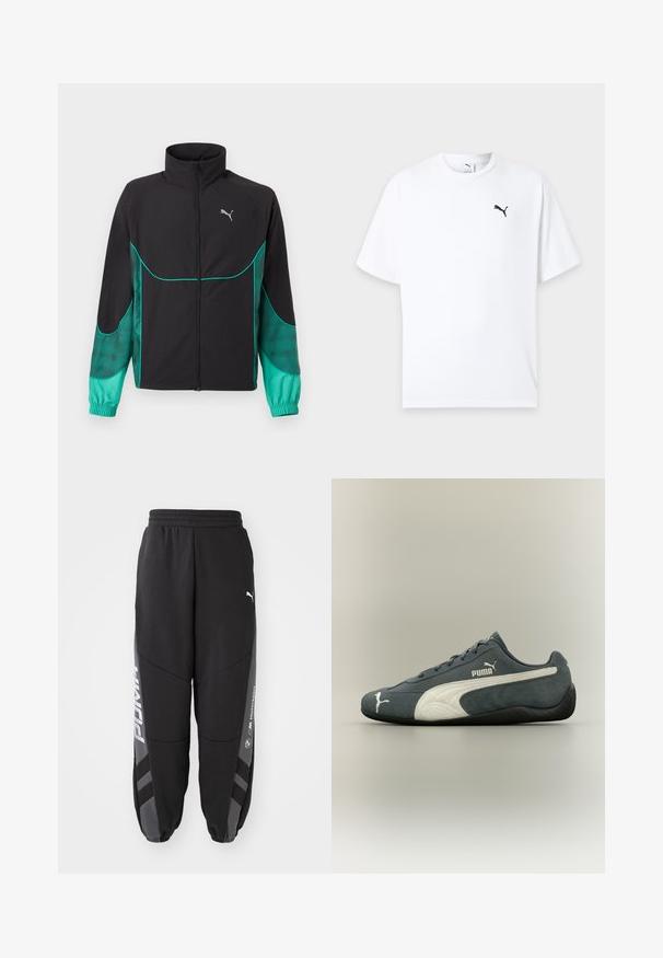 Sort og turkis løbejakke med fuld lynlås foran, høj krave, elastiske manchetter og Puma-logo på venstre bryst.; Hvid t-shirt med korte ærmer og rund hals med en lille sort Puma-logo på venstre bryst mod en lys baggrund.; Sorte joggebukser lavet af blødt materiale. Har elastisk talje, tapered ben, grå detaljer og hvide logoer på siderne.; Mørkegrå Puma-sneaker med hvid sideliste, Puma-logo på siden og tåen samt sort tekstureret sål, vist i profil på neutral baggrund.