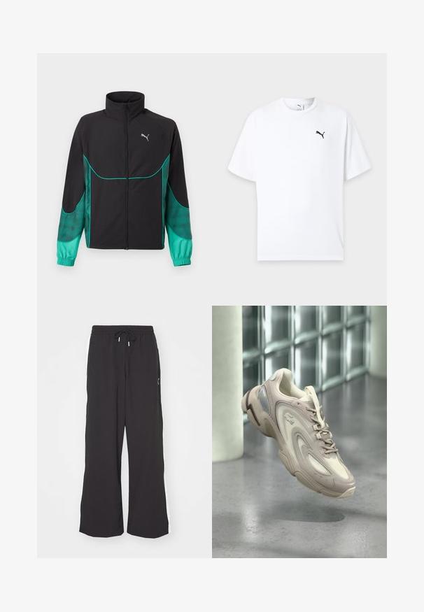 Sort og turkis løbejakke med fuld lynlås foran, høj krave, elastiske manchetter og Puma-logo på venstre bryst.; Hvid t-shirt med korte ærmer og rund hals med en lille sort Puma-logo på venstre bryst mod en lys baggrund.; Sorte sweatpants med vid benvidde, elastisk talje og snor. Har hvide sidestriber og to sidelommer. Glat overflade.; Lysebeige sneaker med et elegant design, teksturerede overlays, en polstret sål og en gennemsigtig sektion på siden.