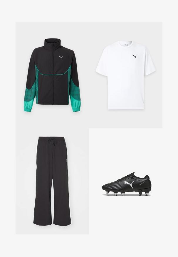 Must ja türkiissinine jooksujakk, millel on täispikk eesmine tõmblukk, kõrge krae, elastsed varrukasäärised ja Puma logo vasakul rinnal.; Valge lühikeste varrukatega ümarsärg, millel on vasakul rinnal väike must Puma logo hele taustaga.; Mustad lai jalad, millega on elastsusvöö ja pael. Funktsioonid valged külgtriibud ja kaks külgtaskut. Sile tekstuur.; Mustad mustad sinu jalgpalliklipid musta värvi tekstuuriga materjaliga, valge Puma logo, nööri kinnitusega ja metallist nupud, et tagada haardumine. Disain rõhutab jõudlust ja tuge.