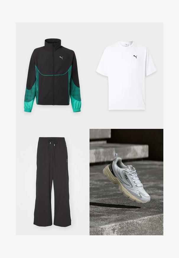 Čierno-tyrkysová športová bunda s celopredným zipsom, vysokým golierom, elastickými manžetami a logom Puma na ľavej strane hrudníka.; Biele tričko s krátkym rukávom a okrúhlym výstrihom s malým čiernym logom Puma na ľavej strane hrudníka na svetlom pozadí.; Čierne široké tepláky s elastickým pásom a šnúrou na stiahnutie. Majú biele bočné pruhy a dve bočné vrecká. Hladká textúra.; Biela a béžová teniska značky FILA zavesená nad betónovými schodmi, zobrazujúca bočné a horné detaily dizajnu so šnúrkami a logom.
