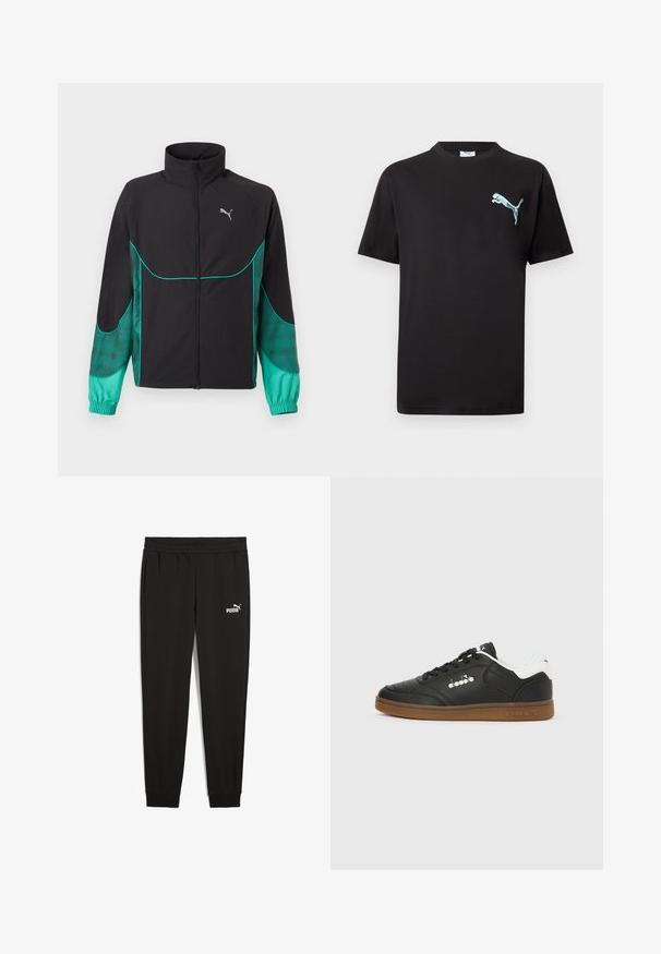 Sort og turkis løbejakke med fuld lynlås foran, høj krave, elastiske manchetter og Puma-logo på venstre bryst.; Sort T-shirt med korte ærmer og lille lyseblåt Puma-logo på venstre bryst mod hvid baggrund.; Sorte sweatpants lavet af blødt stof, med en elastisk talje, sidelommer og et hvidt Puma-logo på venstre side.; Sort lædersneakers med hvid hælkappe, gummisål, sorte snørebånd og sølvfarvet Diadora-logo på siden og sålen.