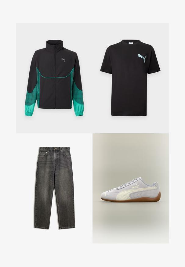 Sort og turkis løbejakke med fuld lynlås foran, høj krave, elastiske manchetter og Puma-logo på venstre bryst.; Sort T-shirt med korte ærmer og lille lyseblåt Puma-logo på venstre bryst mod hvid baggrund.; Sorte denimjeans med en afslappet pasform, som har fem lommer, knaplukning og en subtil falmning i stofstrukturen.; Lys grå Puma ruskindssneaker med hvid stribedetalje og gummisål, set fra ydersiden mod en neutral baggrund.