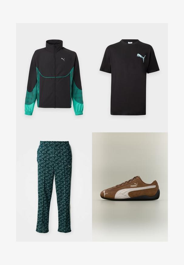 Sort og turkis løbejakke med fuld lynlås foran, høj krave, elastiske manchetter og Puma-logo på venstre bryst.; Sort T-shirt med korte ærmer og lille lyseblåt Puma-logo på venstre bryst mod hvid baggrund.; Grønne mønstrede bukser med et gentaget logo-design, med elastisk talje og lige snit, præsenteret mod en neutral baggrund.; Brun ruskindsneaker med hvide accenter og tekstureret design. Har en sort gummisål og et fremtrædende Puma-logo på siden.