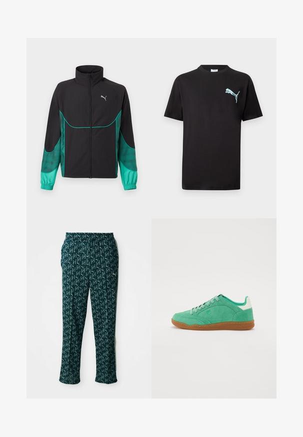 Must ja türkiissinine jooksujakk, millel on täispikk eesmine tõmblukk, kõrge krae, elastsed varrukasäärised ja Puma logo vasakul rinnal.; Must lühikeste varrukatega T-särk, vasakul rinnal väike helesinine Puma logo, valgel taustal.; Rohelise mustriga püksid, millel on korduv logo kujundus, elastse vöökoha ja sirge lõikega, esitlemisel neutraalses taustas.; Roheline nahast sportjalats, millel on kummist tallad, ümar varvas, paeltega kinnitamine ja tekstuurne aktsent kannaosa peal.