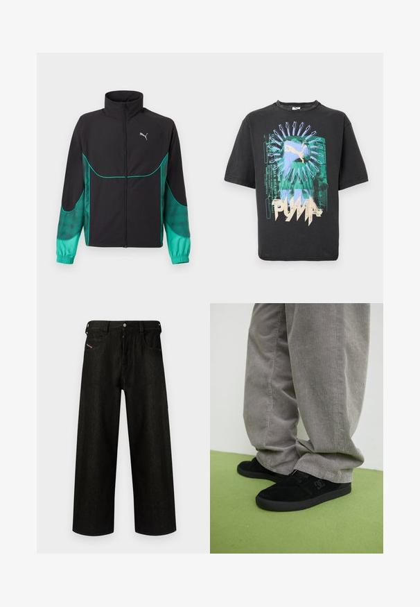 Chaqueta deportiva negra y turquesa con cremallera completa en el frente, cuello alto, puños elásticos y logo de Puma en el pecho izquierdo.; Camiseta negra de Puma con gráfico abstracto en verde y azul, logo de Puma en beige y texto estilizado en la parte frontal.; Pantalones vaqueros anchos negros de mezclilla, con cierre de cremallera, cinco bolsillos y un logotipo sutil en el bolsillo frontal. Tejido duradero y texturizado.; Zapatillas de skate de ante negro con un acabado texturizado y un logo, combinadas con pantalones de pana gris con una textura acanalada. Superficie del suelo en verde.