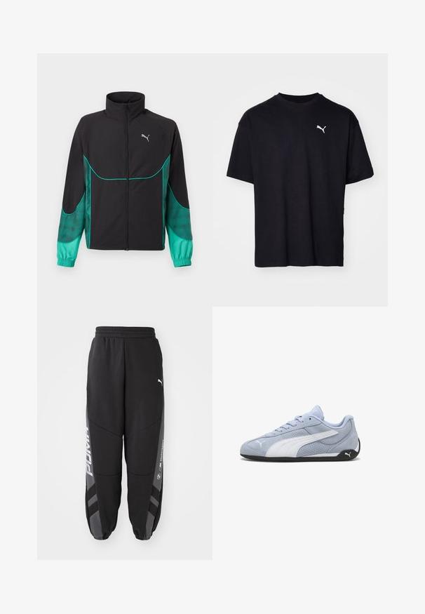 Schwarze und türkise Trainingsjacke mit durchgehendem Frontreißverschluss, hohem Kragen, elastischen Bündchen und Puma-Logo auf der linken Brust.; Schwarzes Baumwoll-T-Shirt mit kurzen Ärmeln, Rundhalsausschnitt und einem weißen Puma-Logo auf der linken oberen Brustseite. Klassische Passform, glatte Textur.; Schwarze Jogginghosen aus weichem Material. Mit elastischem Bund, schmal zulaufenden Beinen, grauen Akzenten und weißen Logos an den Seiten.; Hellblauer Wildleder-Sneaker mit weißen Akzenten, perforierter Textur und schwarzer Gummisohle. Verfügt über Schnürsenkel und ein seitliches Logo.