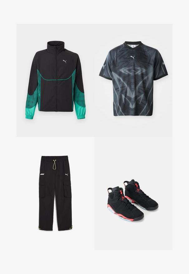 Sort og turkis løbejakke med fuld lynlås foran, høj krave, elastiske manchetter og Puma-logo på venstre bryst.; Kortærmet sort og grå sportstrøje med et tribal-lignende mønster og et lille hvidt Puma-logo på forsiden.; Puma STATEMENT PANTS - Cargobukser - black; Sorte højtop-sneakers med røde detaljer, sorte snørebånd og gennemsigtige ydersåler, placeret side om side mod en hvid baggrund.