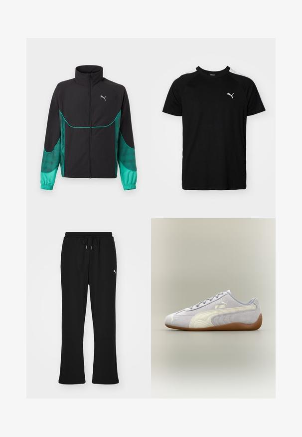 Sort og turkis løbejakke med fuld lynlås foran, høj krave, elastiske manchetter og Puma-logo på venstre bryst.; Sort kortærmet t-shirt med hvide accentstriber på skuldrene, rund halsudskæring og lille hvidt logo på venstre bryst. Blødt stof, klassisk pasform.; Sorte sweatpants med elastisk talje og snor, med sidelommer og et diskret logo på venstre ben. Blødt stof, flagrende form.; Lys grå Puma ruskindssneaker med hvid stribedetalje og gummisål, set fra ydersiden mod en neutral baggrund.