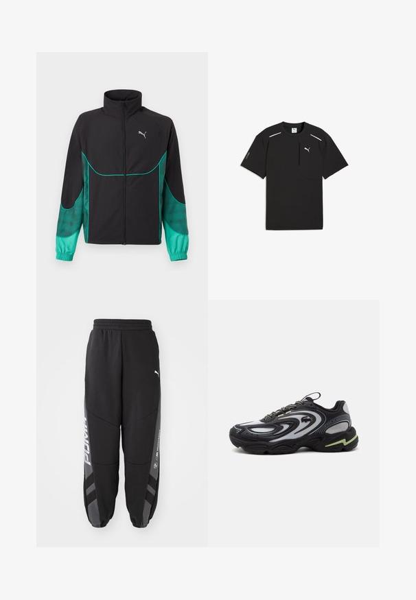 Sort og turkis løbejakke med fuld lynlås foran, høj krave, elastiske manchetter og Puma-logo på venstre bryst.; Sort Puma Tech T-shirt med korte ærmer, hvidt logo på brystet, lynlåslomme foran til højre og reflekterende striber nær skuldrene.; Sorte joggebukser lavet af blødt materiale. Har elastisk talje, tapered ben, grå detaljer og hvide logoer på siderne.; Sort og grå Lacoste Storm 2K sneaker med bølgemønstre, snøredesign og en tyk sål med en lys grøn accent.