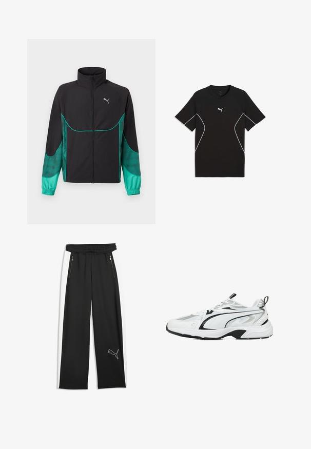 Veste de sport noire et turquoise avec fermeture éclair complète à l'avant, col haut, poignets élastiques et logo Puma sur le côté gauche de la poitrine.; T-shirt de sport noir avec accents blancs, encolure ronde, manches courtes et tissu lisse. Présente le logo Puma sur la poitrine.; Pantalon de sport noir avec bandes blanches sur les côtés, deux poches avant zippées, taille élastique et un logo Puma sur le bas de la jambe gauche.; Baskets de sport blanches avec des accents noirs et argentés, en matériaux en maille et synthétiques, tige texturée, semelle rembourrée et design à lacets.