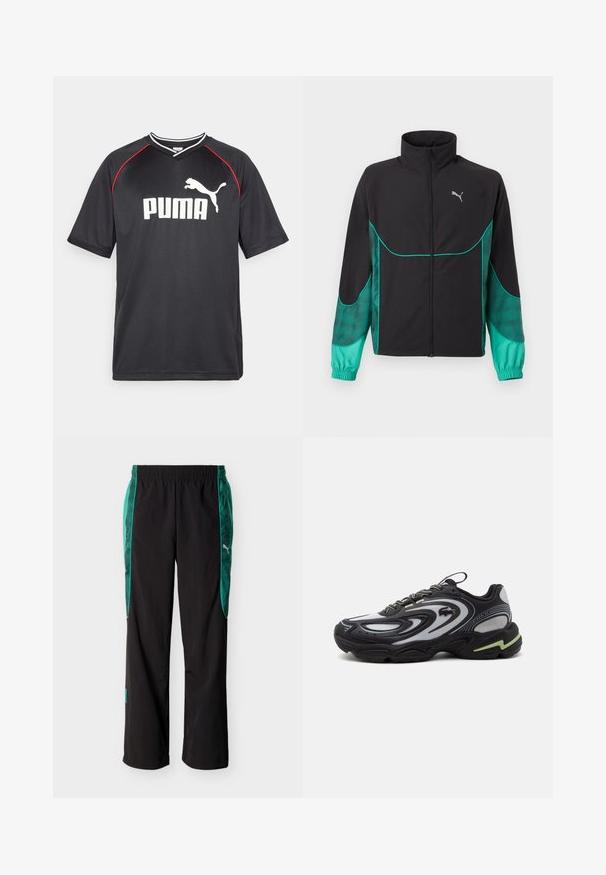 Schwarze und türkise Trainingsjacke mit durchgehendem Frontreißverschluss, hohem Kragen, elastischen Bündchen und Puma-Logo auf der linken Brust.; Schwarzes Puma-Sport-T-Shirt mit kurzen Ärmeln, weißem Logo, roten Akzenten entlang der Schultern und einem V-Ausschnitt. Hergestellt aus leichtem Material.; Schwarze Sporthose mit grünen gemusterten Seitenpaneelen und einem elastischen Bund, mit einem weißen Puma-Logo auf der rechten Seite.; Schwarzer und grauer Lacoste Storm 2K Sneaker mit Wellenmustern, Schnürdesign und einer dicken Sohle mit hellgrünem Akzent.