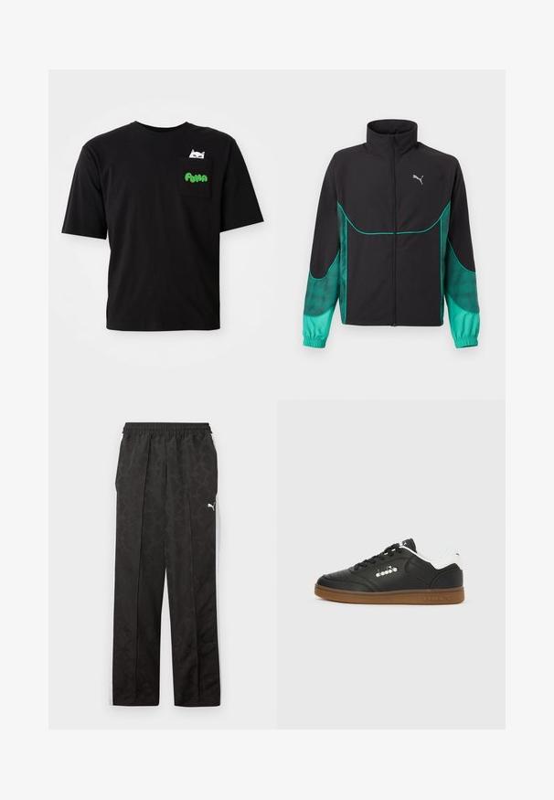 Schwarze und türkise Trainingsjacke mit durchgehendem Frontreißverschluss, hohem Kragen, elastischen Bündchen und Puma-Logo auf der linken Brust.; Schwarzes Baumwoll-T-Shirt mit kurzen Ärmeln, ausgestattet mit einer Tasche, die eine Katzengrafik und grünen "PUMA"-Text zeigt. Lässiger Schnitt und glatte Textur.; Schwarze Sporthose mit dezentem Muster, weißen Seitenstreifen, elastischem Bund und einem weißen Puma-Logo am Oberschenkel.; Schwarzer Ledersneaker mit weißem Fersenlasche, Gummisohle, schwarzen Schnürsenkeln und silbernem Diadora-Logo an der Seite und Sohle.