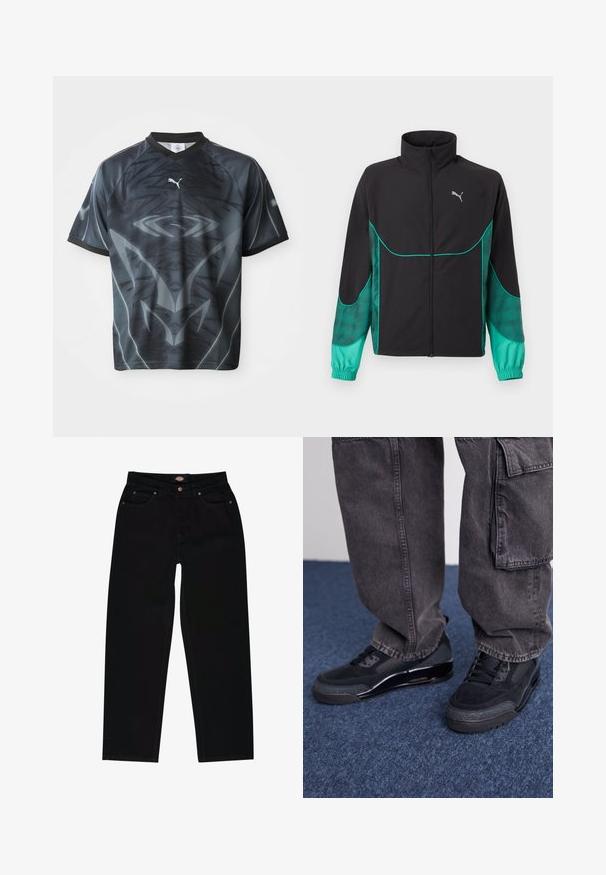 Schwarze und türkise Trainingsjacke mit durchgehendem Frontreißverschluss, hohem Kragen, elastischen Bündchen und Puma-Logo auf der linken Brust.; Kurzärmliges schwarzes und graues Sporttrikot mit einem stammesähnlichen Muster und einem kleinen weißen Puma-Logo auf der Vorderseite.; Schwarze Jeans aus Denim im geraden Schnitt, mit fünf Taschen, braunen Nähten und einem Reißverschluss. Glatte Textur und hochwertiges Material.; Schwarze Sportschuhe mit einer strukturierten Oberfläche, glatten Akzenten und einer chunky Sohle, kombiniert mit dunklen, lässig sitzenden Cargo-Hosen.